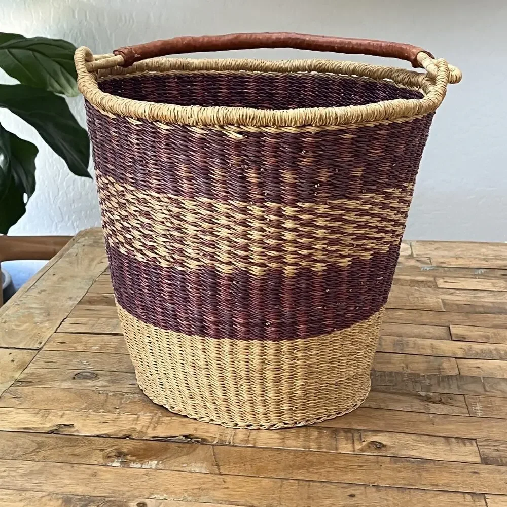 African Hand Woven Bolga Ghana Market Bucket Basket With Leather Wrap Handle